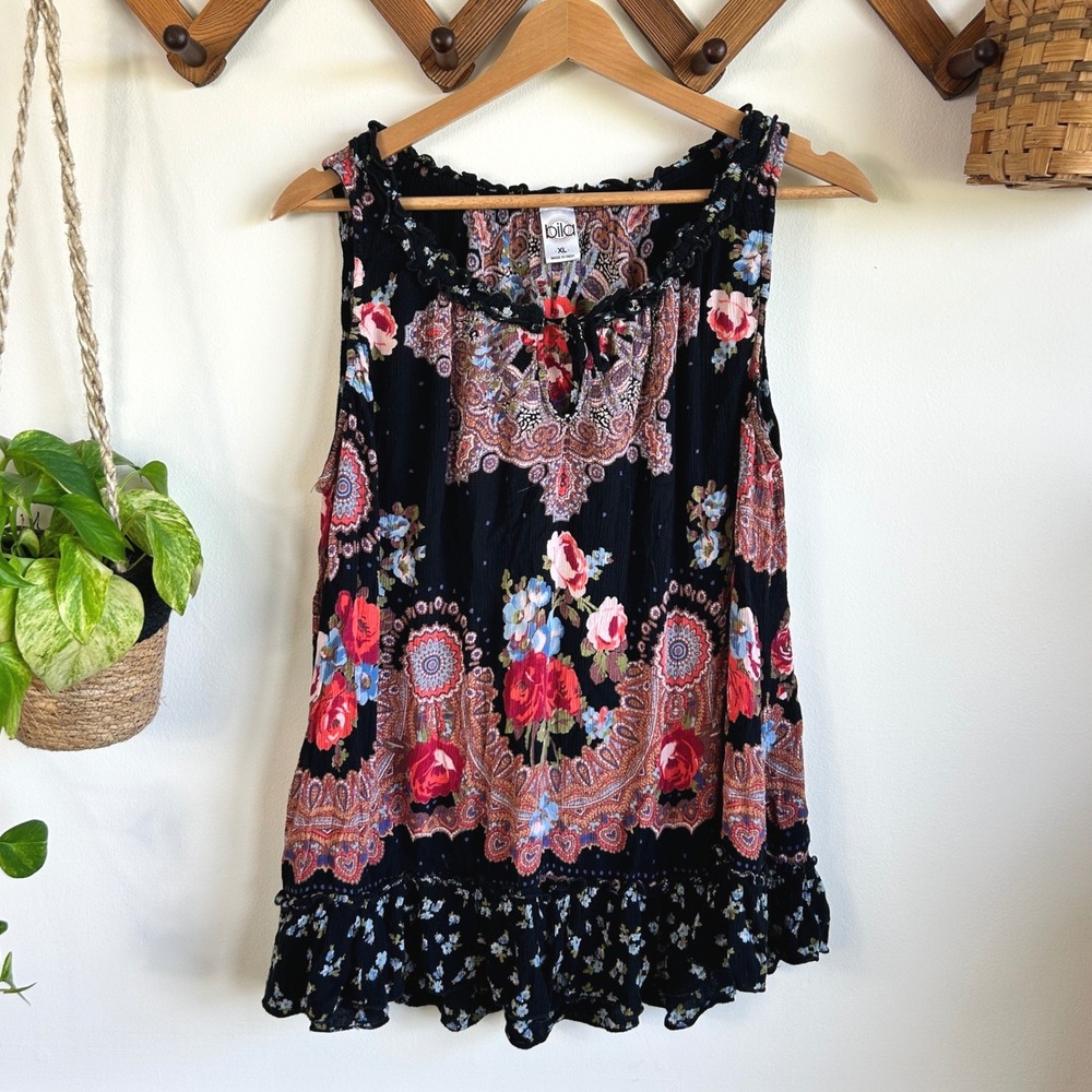 Bila Womens XL Black Floral Paisley Ruffle Hem Rayon Boho Tank Top